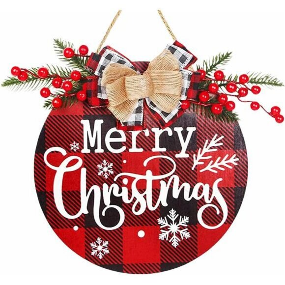 Merry Christmas Decoration Wreath, Christmas Red Plaid Door Hanging Sign 12 inch - Picture 3 of 6